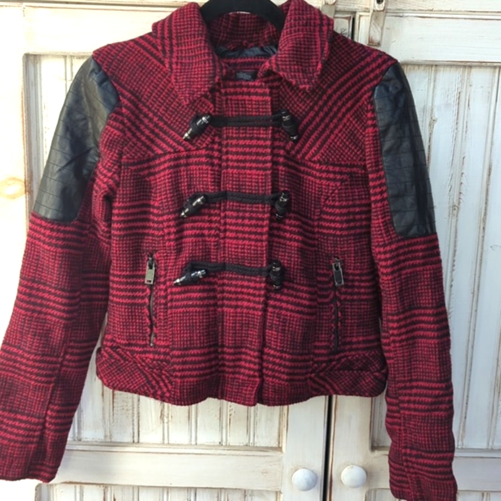 Dollhouse, red and black herringbone pattern short jacket with hood. Sma…